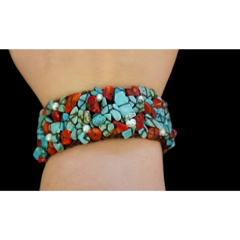 Woven Turquoise Coral Chips Real Pearl Boho Cuff Bracelet Size 6.5